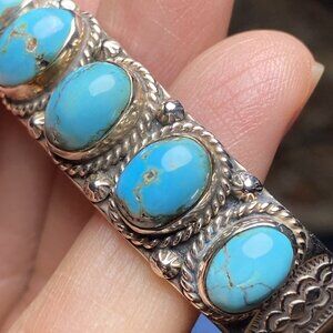 Signed S Navajo Artist Sterling Silver Bracelet REAL Turquoise 2" wide 6" around